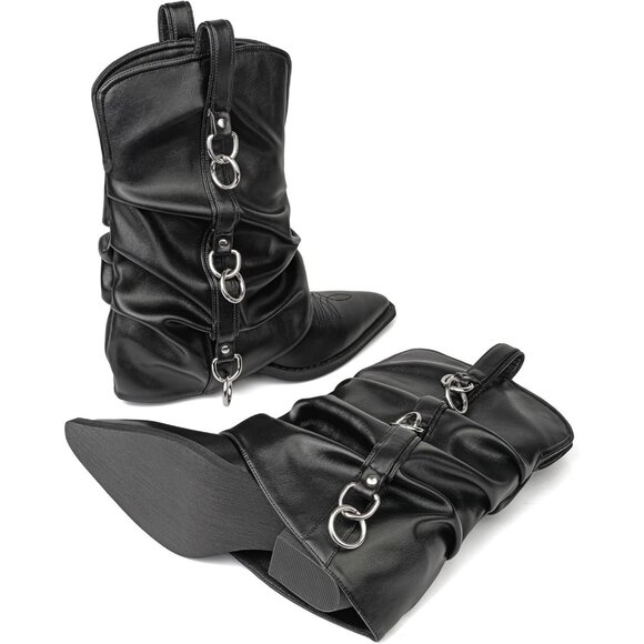 Women's Black Leather Vintage Retro Mid Calf Chunky Heels Western Cowgirl Boots - Picture 8 of 8